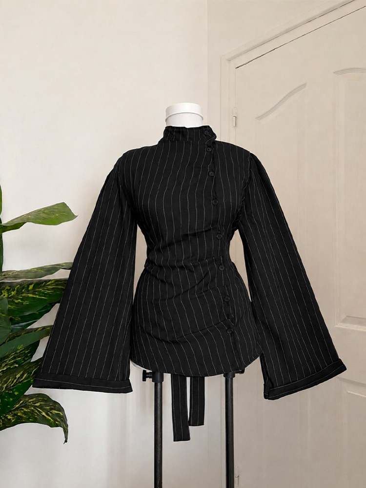 Women Fashion Necktie - Blusa da donna a maniche lunghe,